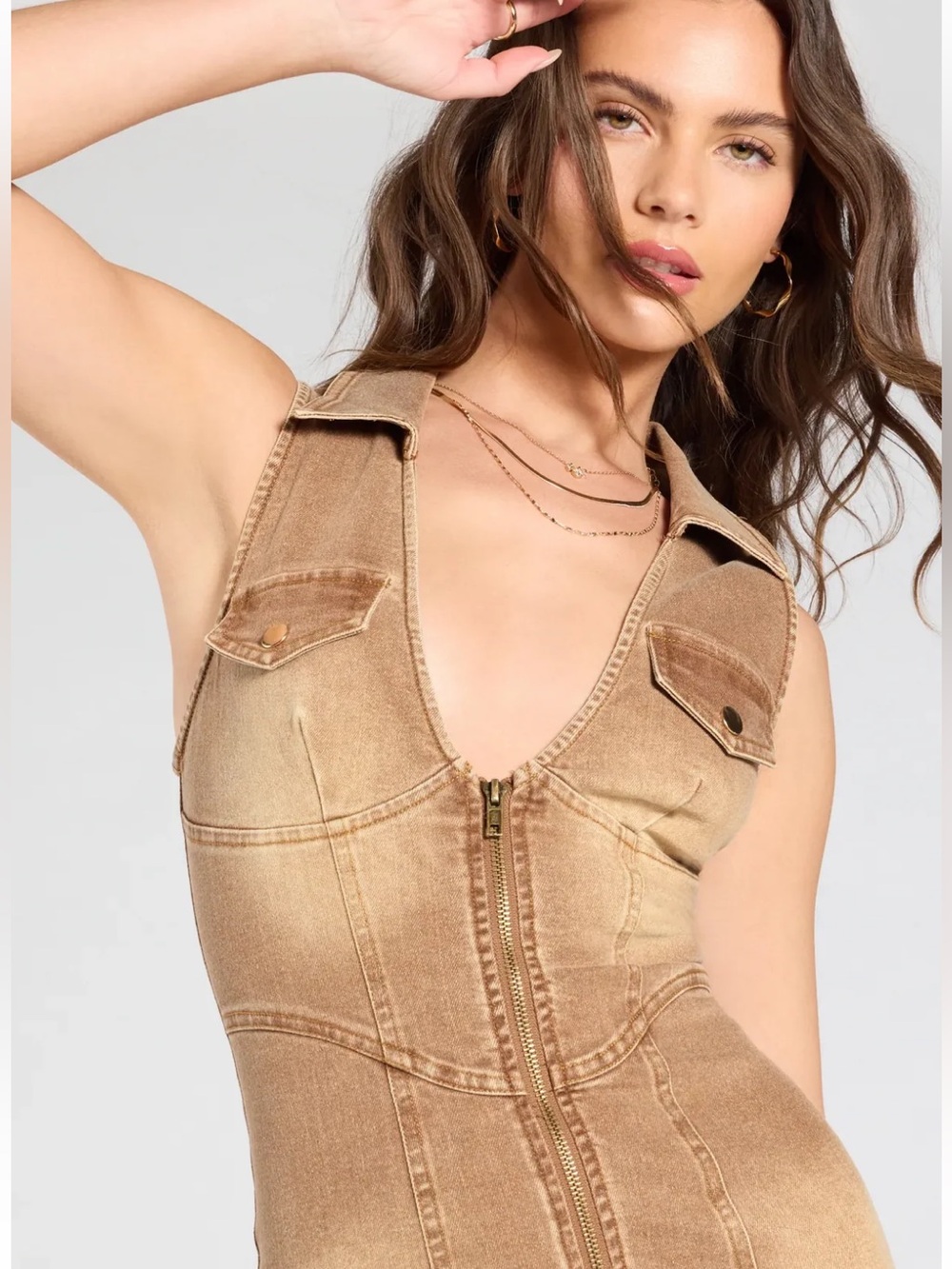 Windsor Sleeveless Brown Zip-Front Dress - Picture 2 of 7